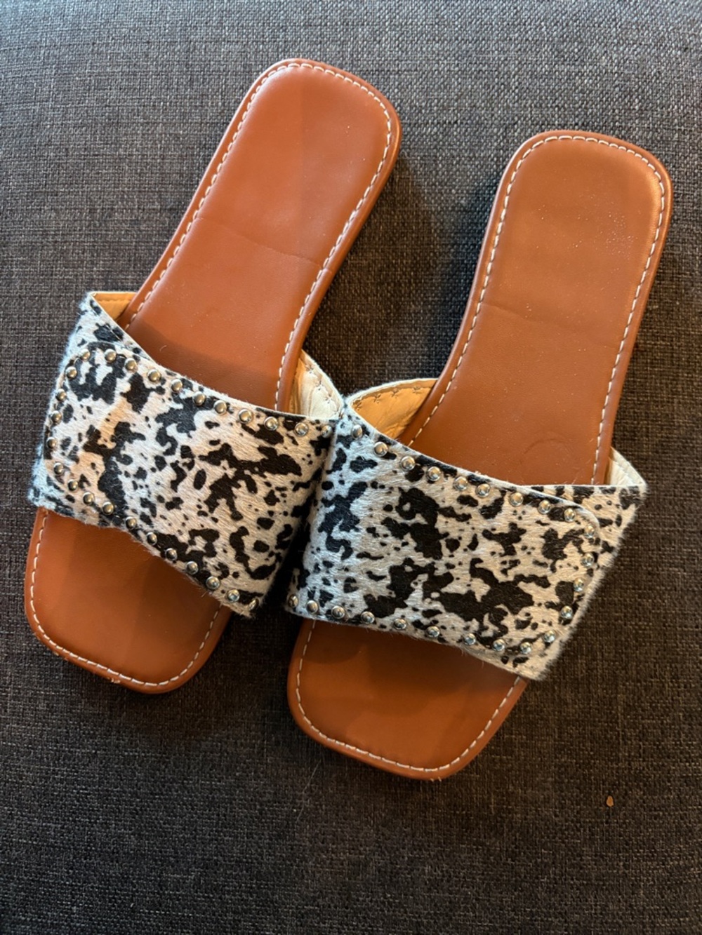 SHEIN Black & White Cow Print Slide Sandals with Stud Accent